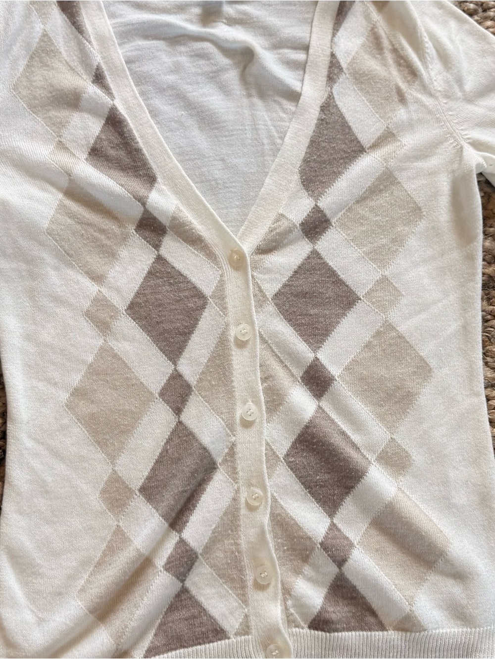 New York & Company Cream Argyle V-Neck Button Cardigan
